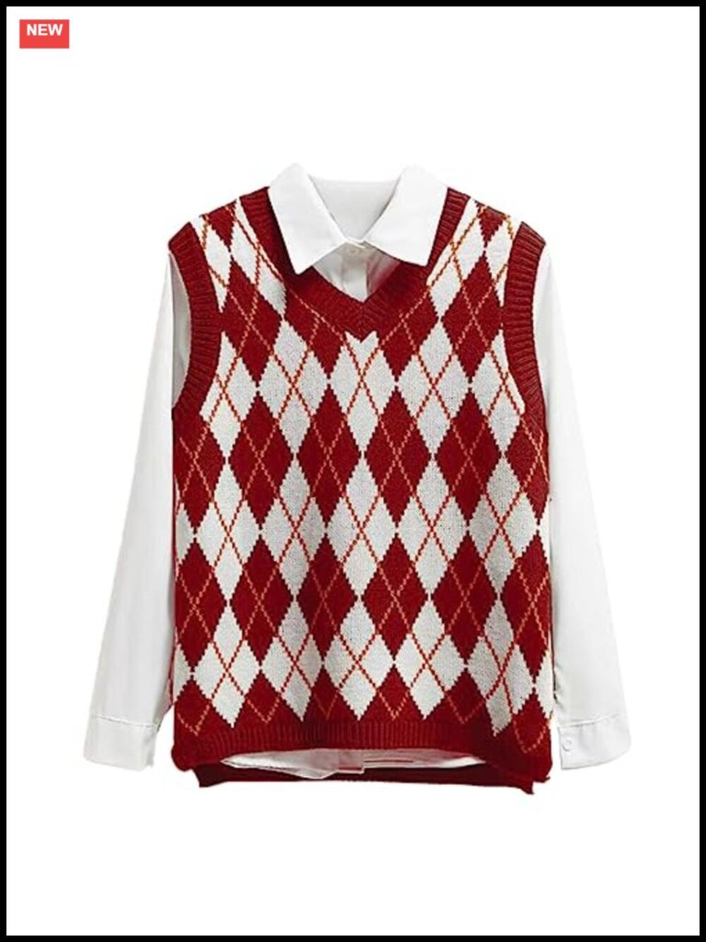 Sleeveless V Neck Argyle Plaid Loose Knitted Sweater Vest Women